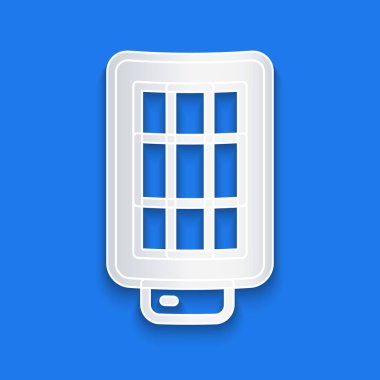 Kağıt kesimi Stüdyo ampulü mavi arkaplanda izole edilmiş bir softbox simgesinde. Gölge yansıma tasarımı. Kağıt sanatı tarzı. Vektör