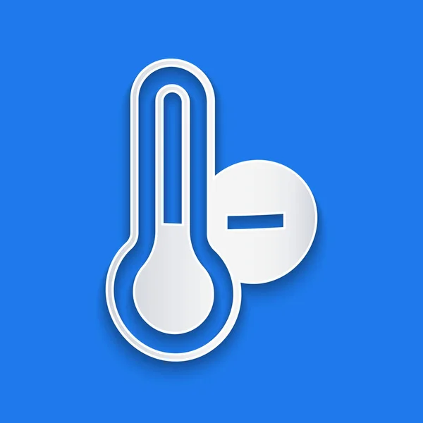Kağıt kesiği Meteoroloji termometresi mavi arkaplanda izole edilmiş ikon ölçümü. Termometre termometresi sıcak ya da soğuk hava gösteriyor. Kağıt sanatı tarzı. Vektör — Stok Vektör