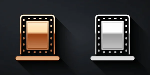 Gold and silver Makeup mirror with lights icon isolated on black background. Long shadow style. Vector — Stock Vector