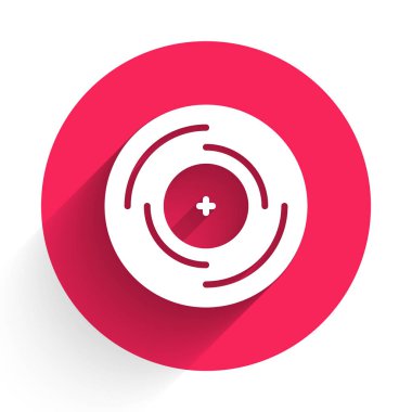 Beyaz Vinil disk simgesi uzun gölgede izole edildi. Kırmızı daire düğmesi. Vektör