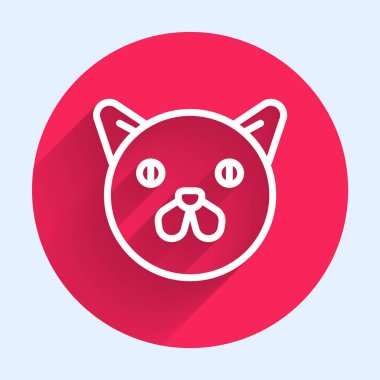 Beyaz çizgi kedi ikonu uzun gölgeli izole edilmiş. Hayvan sembolü. Kırmızı daire düğmesi. Vektör