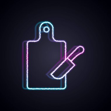 Parlayan neon hattı kesme tahtası ve bıçak ikonu siyah arka planda izole edildi. Kesme tahtası sembolü. Çatal bıçak sembolü. Vektör