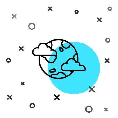 Beyaz arka planda izole edilmiş bulut ikonu olan kara çizgi Dünya gezegeni. Atmosferi bulutlar ve gazlarla kaplı dünya küresi. Rastgele dinamik şekiller. Vektör