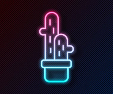 Siyah arka planda izole edilmiş tencere simgesinde parlayan neon çizgisi Kaktüs peyote. Tencerede yetişen bir bitki. Saksı bitkisi işareti. Vektör