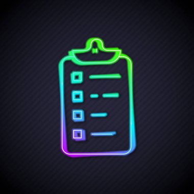 Parlayan neon hattı alışveriş listesi simgesi siyah arkaplanda izole edildi. Vektör