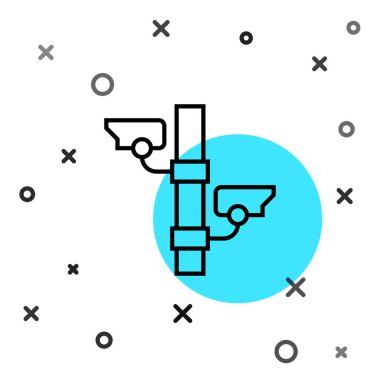 Siyah çizgi güvenlik kamerası simgesi beyaz arkaplanda izole edildi. Rastgele dinamik şekiller. Vektör