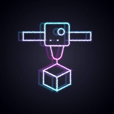 Parlayan neon hattı 3D yazıcı küp simgesi siyah arkaplanda izole edildi. 3D baskı. Vektör