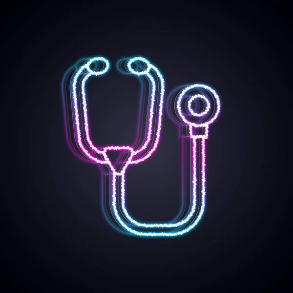 Gloeiende neon lijn Stethoscoop medisch instrument icoon geïsoleerd op zwarte achtergrond. Vector — Stockvector