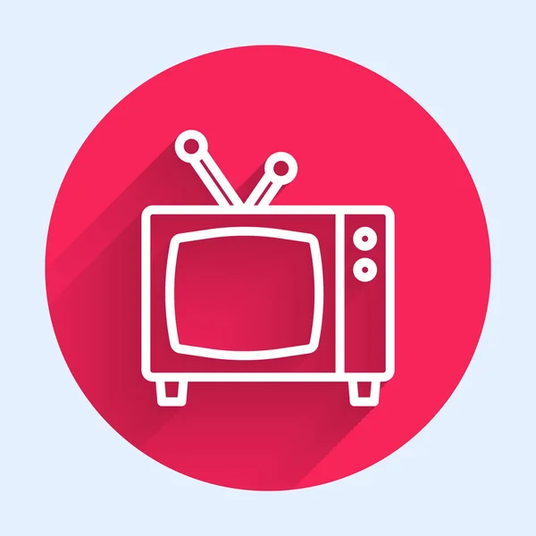 Línea blanca Retro tv icono aislado con sombra larga. Señal de televisión. Botón círculo rojo. Vector — Archivo Imágenes Vectoriales