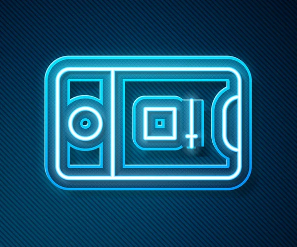 Ligne fluo lumineuse Téléphone portable avec icône de caméra d'enregistrement isolé sur fond bleu. Application d'application mobile. Tournage photo et vidéo. Vecteur — Image vectorielle