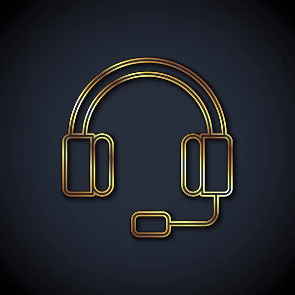 Icono de auriculares de línea dorada aislado sobre fondo negro. Auriculares. Concepto para escuchar música, servicio, comunicación y operador. Vector — Vector de stock