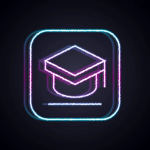 Glowing neon line Graduation cap icon isolated on black background. Graduation hat with tassel icon. Vector — Stock Vector