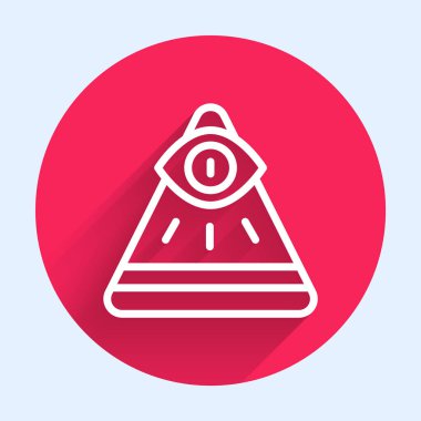 Beyaz çizgi Masonları, Tanrı 'nın her şeyi gören ikonunun uzun gölgesi ile izole edilmiş gözleridir. Üçgendeki Tanrı 'nın Gözü. Kırmızı daire düğmesi. Vektör