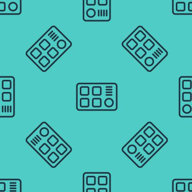 Siyah çizgi davul makinesi simgesi yeşil arkaplanda izole edilmiş pürüzsüz desen. Müzik aletleri. Vektör