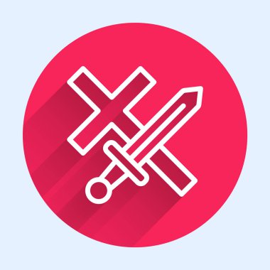 Beyaz çizgi Haçlı Seferi simgesi uzun gölgelerle izole edilmiş. Kırmızı daire düğmesi. Vektör