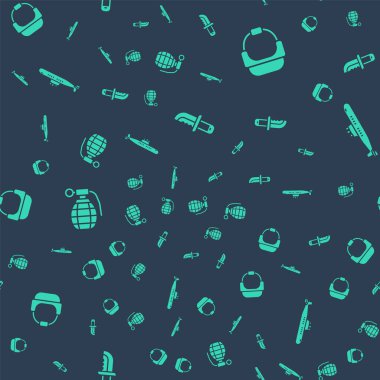 Askeri bıçağı, miğferi, el bombasını ve denizaltıyı kusursuz şekilde yerleştirin. Vektör