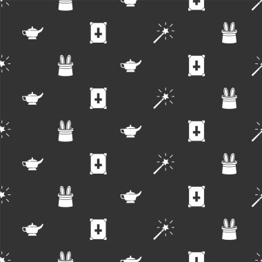 Sihirli değnek, sihirbaz şapkası tavşan kulağı, lamba ya da Alaaddin ve dikişsiz desenler üzerine antik büyü kitabı. Vektör