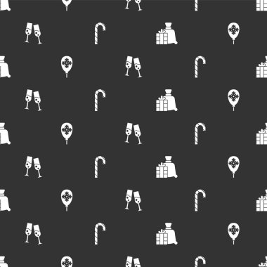 Noel Baba çantası hediyesi, kar taneli balonlar, bir kadeh şampanya ve Noel şekeri kamışları. Vektör