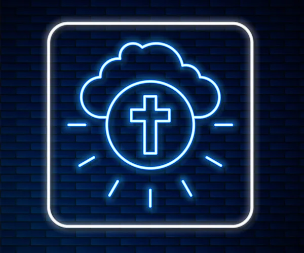 Zářící neonová čára Náboženský kříž v kruhu ikony izolované na cihlové zdi pozadí. Láska k Bohu, katolický a křesťanský symbol. Lidé se modlí za lásku a mír. Vektor — Stockový vektor
