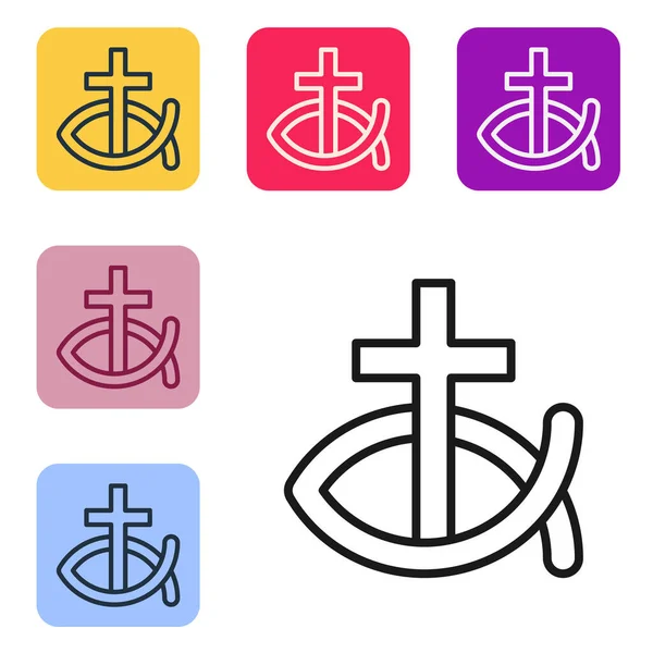 Icono de símbolo de pez cristiano de línea negra aislado sobre fondo blanco. Jesús pez símbolo. Establecer iconos en botones cuadrados de color. Vector — Vector de stock
