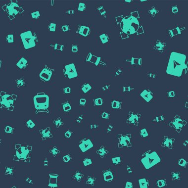 Push pimi, dünya küresi pusula, tren ve şehir haritasının bilgilerini kusursuz şekilde ayarlayın. Vektör