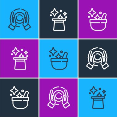 Sırada sihirli top, cadı kazanı ve şapka ikonu var. Vektör