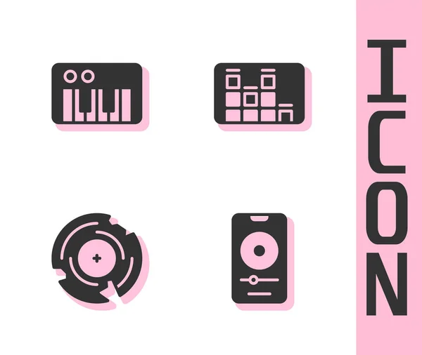 Set Reproductor de música, sintetizador, disco de vinilo e icono de ecualizador. Vector — Vector de stock