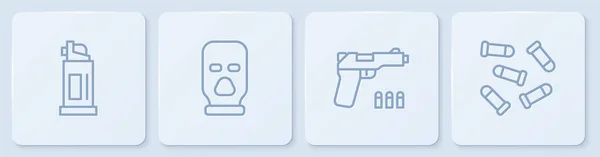 Set Line Pfefferspray, Pistole oder Pistole, Sturmhaube und Kugel. Weiße quadratische Taste. Vektor — Stockvektor