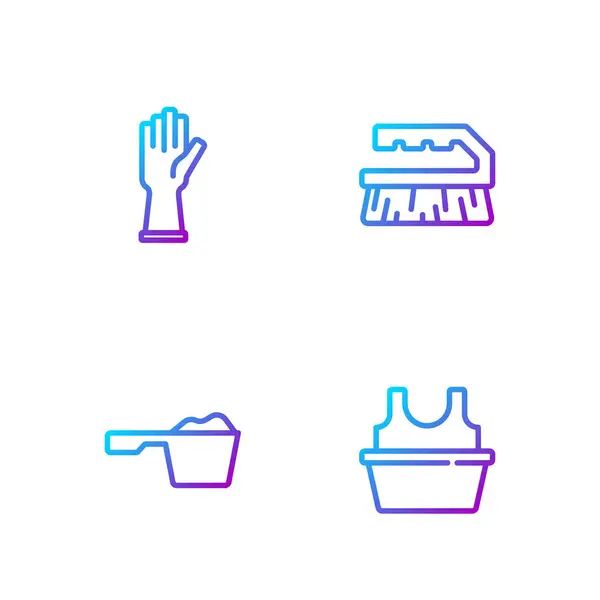 Σετ Λεκάνη με πουκάμισο, Πλύσιμο σε σκόνη, Λαστιχένια γάντια και βούρτσα για καθαρισμό. Κλιμακωτές έγχρωμες εικόνες. Διάνυσμα — Διανυσματικό Αρχείο