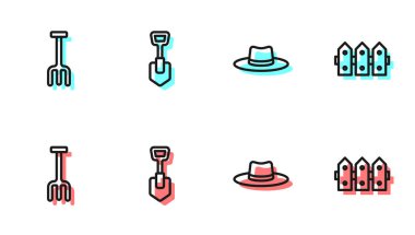 Bahçıvan şapkası, tırmık, kürek ve çit ahşap ikonu. Vektör