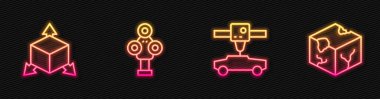 Hat 3D yazıcı arabası, Isometric küp, tarayıcı ve ayarlayın. Parlayan neon ikonu. Vektör
