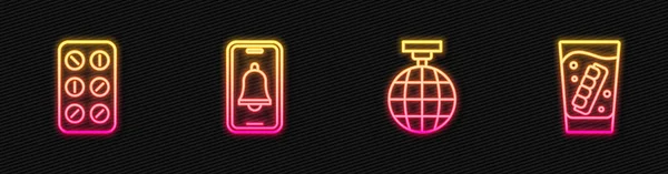 Set line Disco bal, pillen in blisterverpakking, noodoproep en vals kaakglas. Een gloeiend neon icoon. Vector — Stockvector