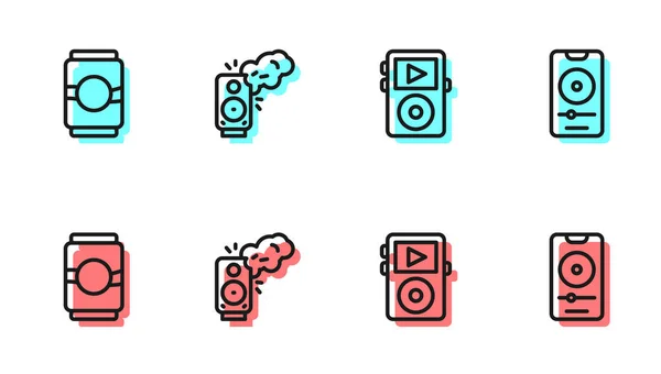 Set line Music player, Beer can, Stereo speaker and icon. Vector — Stock Vector