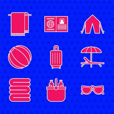 Bavul soğutma çantası ve su bardakları güneş yatağı şemsiyesi plaj topu çadırı ve askı ikonu. Vektör.