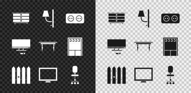 Çekmecelerin Sandığı Duvarı, Elektrik prizi, bahçe çitleri, ahşap çerçeve masa, ofis sandalyesi, akıllı televizyon ve tahta ikon olarak ayarla. Vektör.