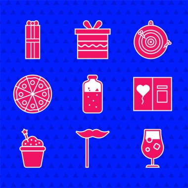 Çubuk Kokteyl ve alkollü tebrik kartı, Kart Pizzası klasik dart tahtası oku ve hediye kutusu ikonu üzerine şarap kâğıdı bıyığı koyun. Vektör.