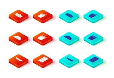 Sosisli sandviç konservesi saman Taco tortilla tavuğu bacağını paket Asya erişte çubukları ve krep ikonu paketiyle hazırla. Vektör.