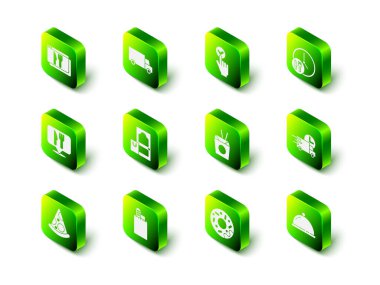 Çevrimiçi sipariş veren arabayla hızlı teslimat yap ve tepsi dolusu Asya erişteli erişte çubuğu ve ikon ile kaplı 24 saat çalış. Vektör.