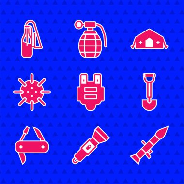 Kurşun geçirmez yelek, Fişek Roketatar, istihkamcı, İsviçre çakısı, deniz mayını, tıbbi çadır ve Kokteyl molotof ikonu. Vektör.