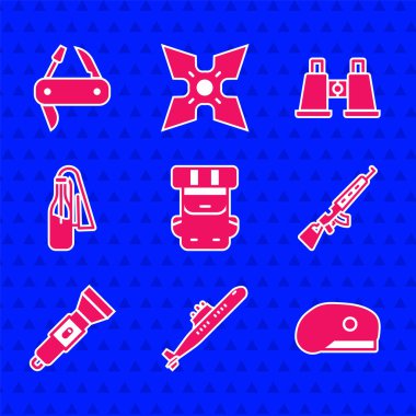 Sırt çantalı denizaltı askeri bereli dürbünlü dürbünlü dürbünlü dürbünlü dürbünlü dürbünlü dürbünlü dürbünlü keskin nişancı tüfeği ayarlayın. Vektör.