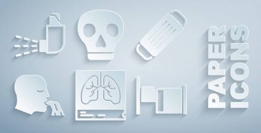 Ciğerlere X-ray koruyucu maske takın. Kusan adam hastane yatağı, Kafatası ve astım ilacı ikonu. Vektör.