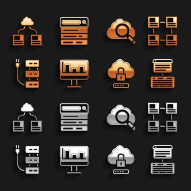 Grafik grafiği hiyerarşi organizogramı Sunucu Veri Web sunucu bulut kilitleme kilidi, arama bulut teknolojisi veri transferi ve motor simgesi ile monitörü ayarla. Vektör.