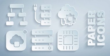 Sunucu Veri Sunucusu Web Sunucu Teknoloji Veri Aktarım İşlemcisini İşlemci ve Hiyerarşi organogram grafik simgesi ile ayarla. Vektör.