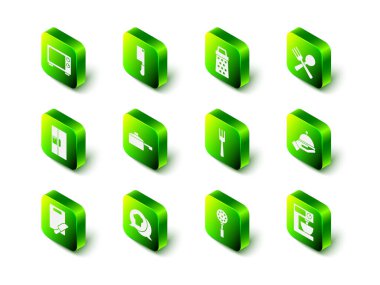 Elektrikli çatal, çatal, çatal ve kaşık kaplı çatal çatal, çatal, çatal, çatal ve aşçı şapkası ile konuşma baloncuğu simgesini ayarla. Vektör.