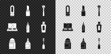 Şampuan, ruj, makyaj fırçası terleme önleyici krem, makyaj losyonu, ayna ve ikonlu Mascara tozu. Vektör.