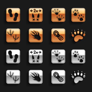 Timsah ayak izi, ayı pençesi, insan ayak izi, güvercin, kurbağa ve güvenli mesafe ikonu. Vektör.