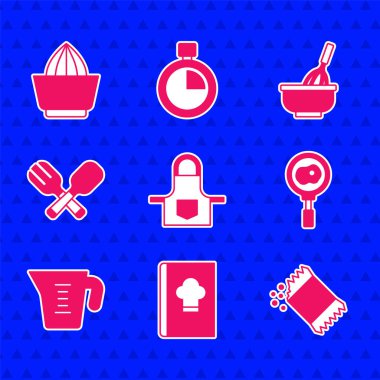 Mutfak önlüğü, biber soslu yumurta kızartma kabı çapraz çatal, kaşık çırpma ve meyve suyu ikonu. Vektör.