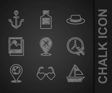 Set Plane Heart shaped love glasses Yacht sailboat Clock with airplane Location on the globe Photo Man hat ribbon and Anchor icon. Vector. vector
