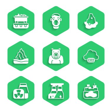 Kutup ayısı baş nükleer enerji santrali enkaz petrol tankeri CO2 emisyonlarını Buzdağı Buzulu erimesi ve Kömür Treni ikonu ikonuna ayarla. Vektör.