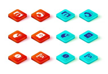 Bilgi Adresi Defteri Başlığını soru işareti kullanıcı kılavuz kadın kulaklığı ve SSS bilgi simgesiyle ayarla. Vektör.